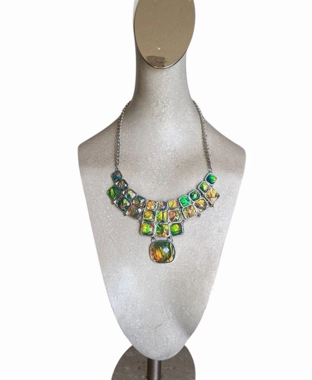 Iridescent Green Statement Bib Necklace Chunky Geometric Silver Tone Boho